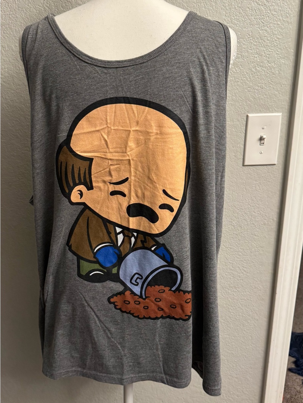 Gray Graphic Tank with Kevin Malone “The Office” spilling chili Print